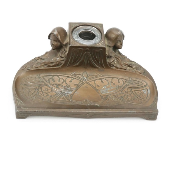 art nouveau bronzed‎ spelter metal transitional inkwell and pen holder - Picture 1 of 6